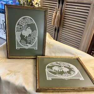 Pair of 2 Vintage Oriental Cranes Pressed Cut Paper Art Professionally Framed.